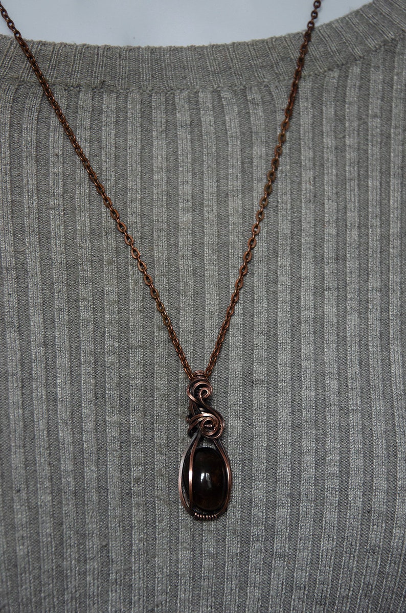 Small Oval Smoky Quartz Stone Wire Wrap Pendant Necklace Antiqued Copper image 5