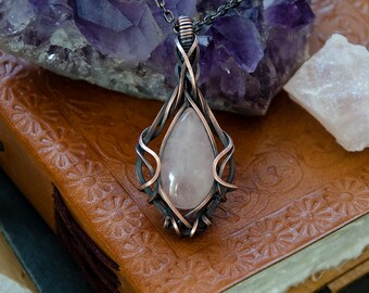 Light Pink Teardrop Rose Quartz Stone Wire Wrap Pendant Necklace | Antiqued Copper