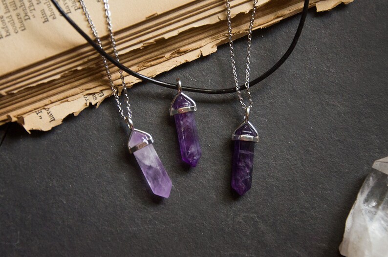 Amethyst Hexagonal Crystal Point Pendant Necklace With Stainless Steel Chain Or Leather Cord - Hexagonal Crystal Point Pendant Necklace Amethyst Hexagonal Crystal Point Pendant Necklace With Stainless Steel Chain Or Leather Cord - Hexagonal Crystal Point Pendant Necklace