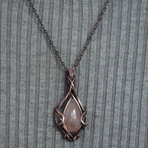 Light Pink Teardrop Rose Quartz Stone Wire Wrap Pendant Necklace Antiqued Copper image 5