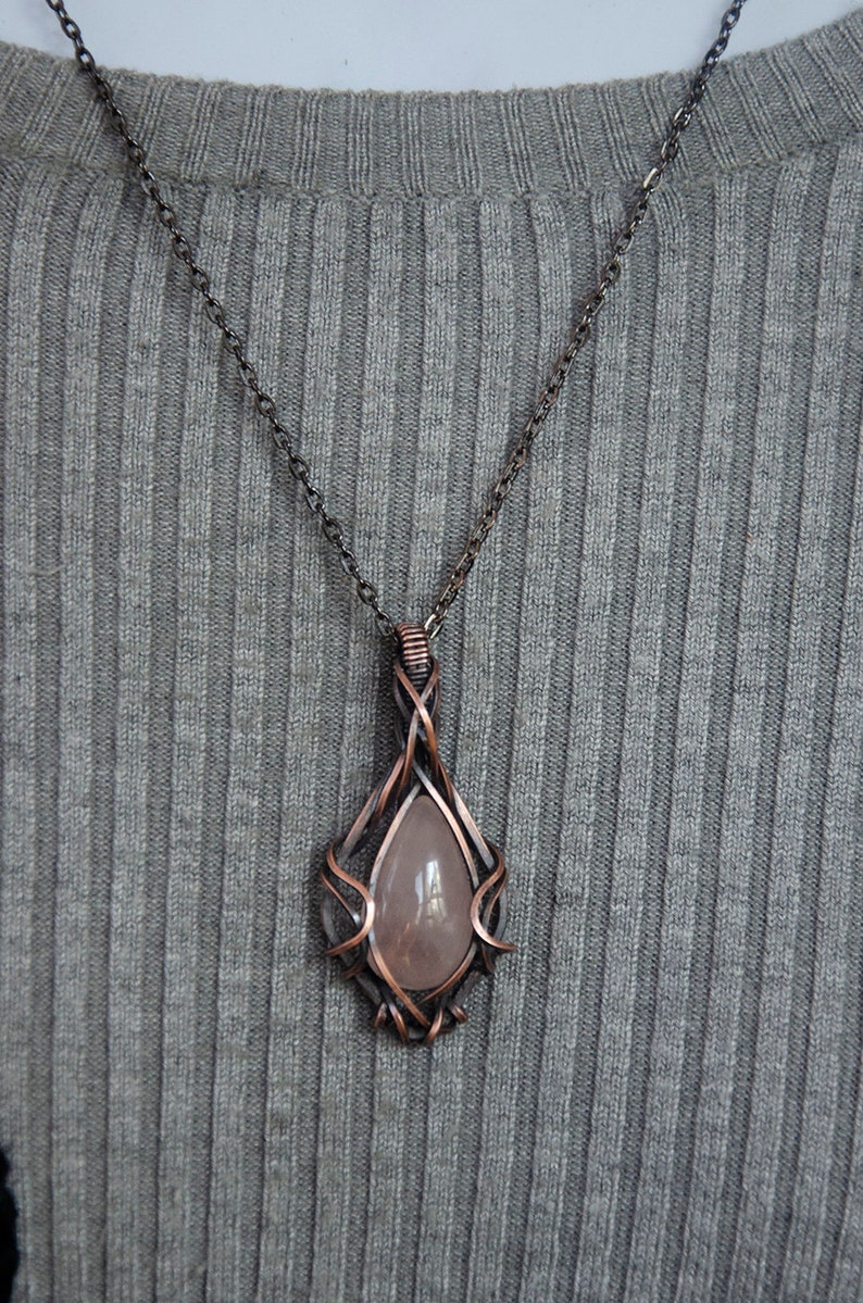 Light Pink Teardrop Rose Quartz Stone Wire Wrap Pendant Necklace Antiqued Copper image 5