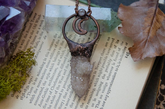 Amethyst Spirit Quartz Crystal Point with Crescent Moon and Rainbow Moonstone Necklace | Electroformed Copper