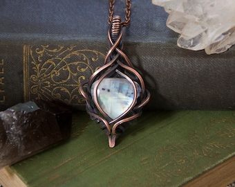 Rainbow Moonstone Wire Wrap Pendant Necklace | Antiqued Copper