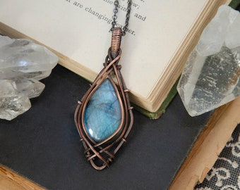 Bright Blue Teardrop Labradorite Stone Wire Wrap Pendant Necklace | Antiqued Copper