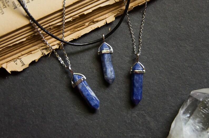 Blue Sodalite Hexagonal Crystal Point Pendant Necklace With Stainless Steel Chain Or Leather Cord - Hexagonal Crystal Point Pendant Necklace Blue Sodalite Hexagonal Crystal Point Pendant Necklace With Stainless Steel Chain Or Leather Cord - Hexagonal Crystal Point Pendant Necklace