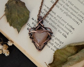 Small Triangle Peach Moonstone Wire Wrap Pendant Necklace | Antiqued Copper