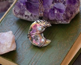 Angel Aura Coated Crystal Moon Wire Wrap Pendant Necklace | Antiqued Copper