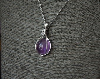 Stainless Steel Wire Wrapped Amethyst Pendant Necklace with 18" Stainless Steel Chain