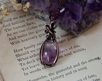 Small Oval Purple Amethyst Stone Wire Wrap Pendant Necklace | Antiqued Copper