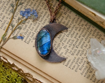 Brilliant Blue Labradorite Crescent Moon Pendant Necklace | Electroformed Copper