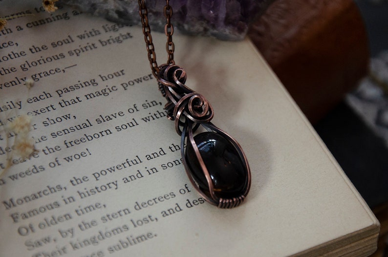 Small Oval Smoky Quartz Stone Wire Wrap Pendant Necklace Antiqued Copper image 3