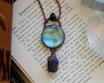 Bright Blue Green Labradorite with Raw Black Tourmaline and Black Chalcedony Necklace | Electroformed Copper