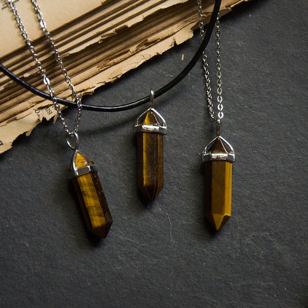 Tiger Eye Hexagonal Crystal Point Pendant Necklace with Stainless Steel Chain or Leather Cord