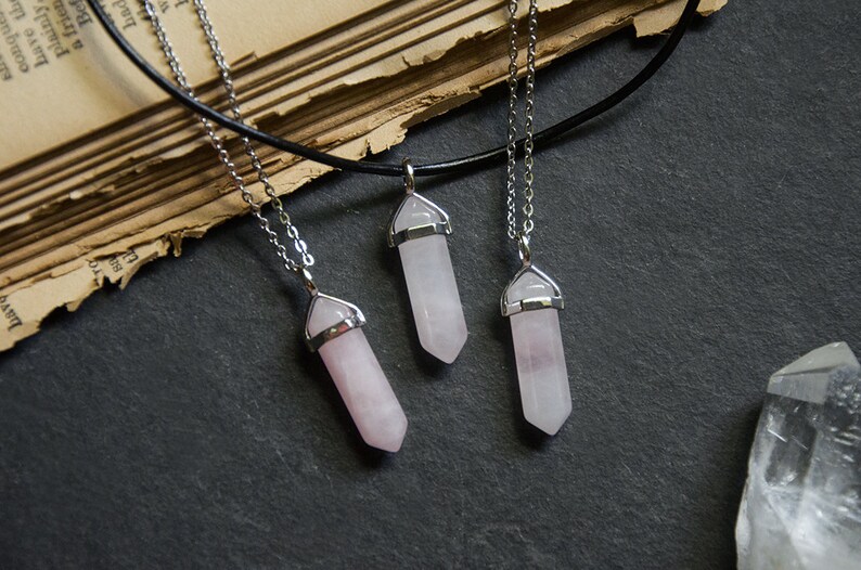 Rose Quartz Hexagonal Crystal Point Pendant Necklace With Stainless Steel Chain Or Leather Cord - Hexagonal Crystal Point Pendant Necklace Rose Quartz Hexagonal Crystal Point Pendant Necklace With Stainless Steel Chain Or Leather Cord - Hexagonal Crystal Point Pendant Necklace