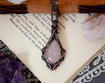 Light Pink Teardrop Rose Quartz Stone Wire Wrap Pendant Necklace | Antiqued Copper