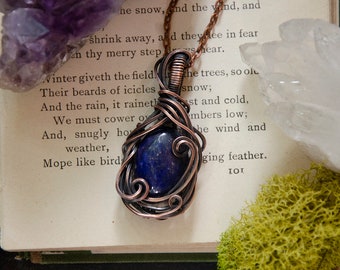 Lapis Lazuli Stone Filigree Wire Wrap Pendant Necklace | Antiqued Copper