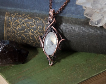 Rainbow Moonstone Wire Wrap Pendant Necklace | Antiqued Copper