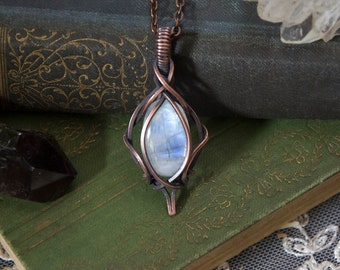 Rainbow Moonstone Wire Wrap Pendant Necklace | Antiqued Copper