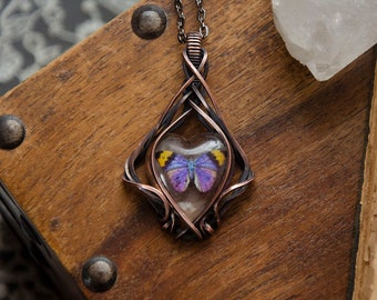 Purple and YellowButterfly Replica in Resin Wire Wrap Pendant Necklace | Antiqued Copper