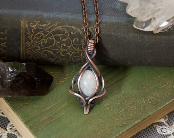 Rainbow Moonstone Wire Wrap Pendant Necklace | Antiqued Copper