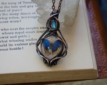 Blue Butterfly Replica in Resin Wire Wrap Pendant with Blue Labradorite  Stone Necklace | Antiqued Copper