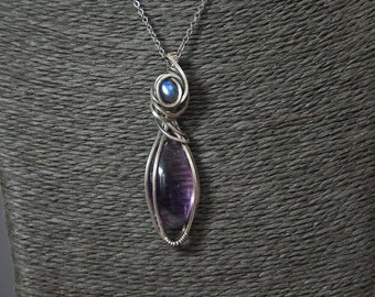 Amethyst Stone and Blue Labradorite Wire Wrap Pendant Necklace | Sterling Silver