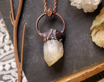 Raw Heat Treated Citrine with Sunstone Crystal Necklace | Gemstone Crystal Necklace | Electroformed Copper