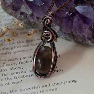 Small Oval Smoky Quartz Stone Wire Wrap Pendant Necklace Antiqued Copper image 1