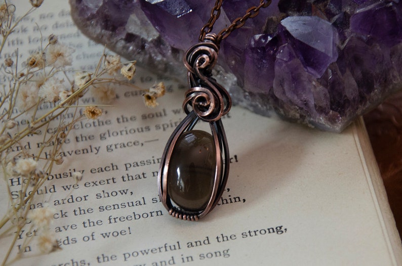 Small Oval Smoky Quartz Stone Wire Wrap Pendant Necklace Antiqued Copper image 1