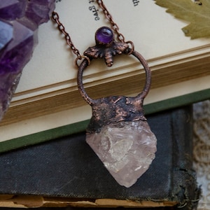 Raw Rose Quartz Crystal with Purple Amethyst and Moth Design Stone Necklace | Crystal Necklace | Electroformed Copper