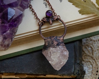 Raw Rose Quartz Crystal with Purple Amethyst and Moth Design Stone Necklace | Crystal Necklace | Electroformed Copper