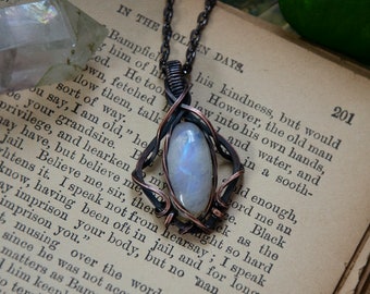 Small Oval Rainbow Moonstone Wire Wrap Pendant Necklace | Antiqued Copper