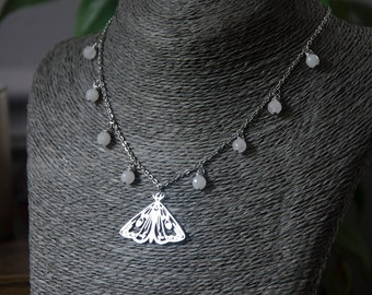 Edelstahl Geschlossene Flügel Motte Anhänger Halskette mit Rosenquarz Kristall Perlen Choker Halskette