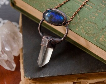 Bright Blue Labradorite with Raw Clear Quartz Crystal Point Necklace | Electroformed Copper