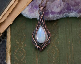 Rainbow Moonstone Wire Wrap Pendant Necklace | Antiqued Copper