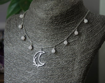 Stainless Steel Crescent Moon Pendant Necklace with Rose Quartz Crystal Beads Choker Necklace