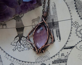 Light Purple Oval Amethyst Stone Wire Wrap Pendant Necklace | Antiqued Copper