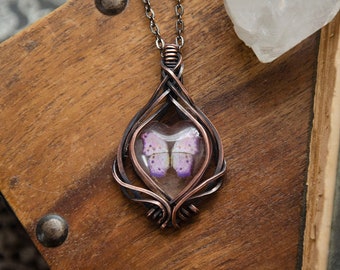 Light Purple Butterfly Replica in Resin Wire Wrap Pendant Necklace | Antiqued Copper