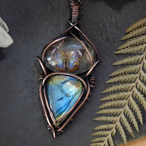 Blue Butterfly Replica in Resin with Blue Labradorite Stone Wire Wrap Pendant Necklace | Antiqued Copper