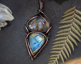 Blue Butterfly Replica in Resin with Blue Labradorite Stone Wire Wrap Pendant Necklace | Antiqued Copper