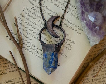 Lapis Lazuli Crystal Point with Crescent Moon Necklace | Crystal Necklace | Electroformed Copper