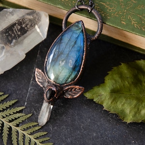 Teardrop Bright Blue Labradorite Stone with Quartz Crystal Point and Black Agate Stone Necklace | Electroformed Copper