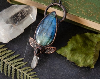 Teardrop Bright Blue Labradorite Stone with Quartz Crystal Point and Black Agate Stone Necklace | Electroformed Copper