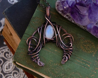 Moonstone Crescent Moon Wirewrap Pendant Necklace | Antiqued Copper