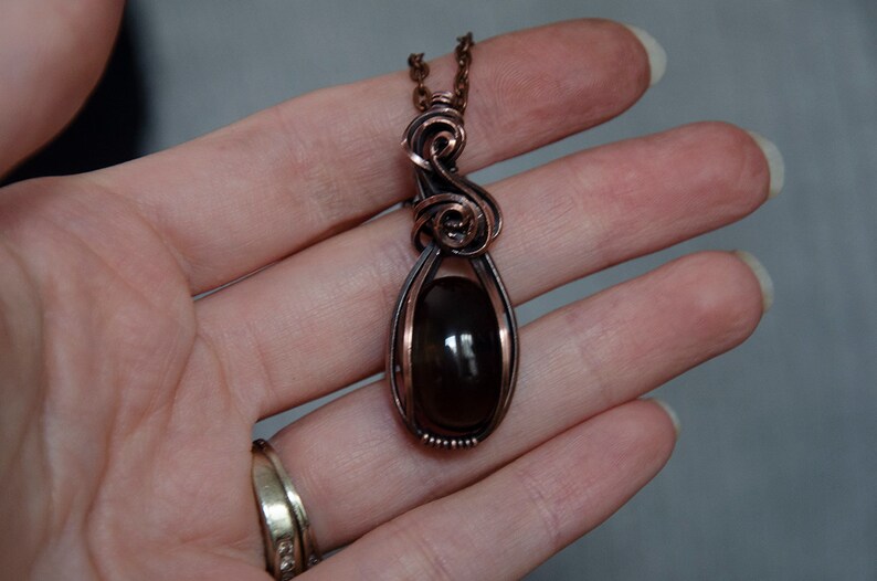 Small Oval Smoky Quartz Stone Wire Wrap Pendant Necklace Antiqued Copper image 4