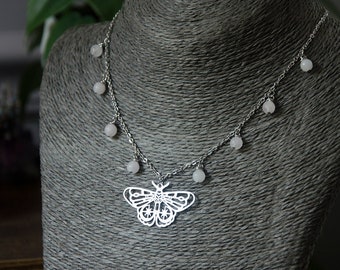 Stainless Steel Closed Starburst Moth Pendant Necklace with Rose Quartz Crystal Beads Choker Necklace