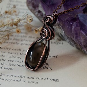 Small Oval Smoky Quartz Stone Wire Wrap Pendant Necklace Antiqued Copper image 2