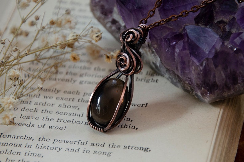 Small Oval Smoky Quartz Stone Wire Wrap Pendant Necklace Antiqued Copper image 2