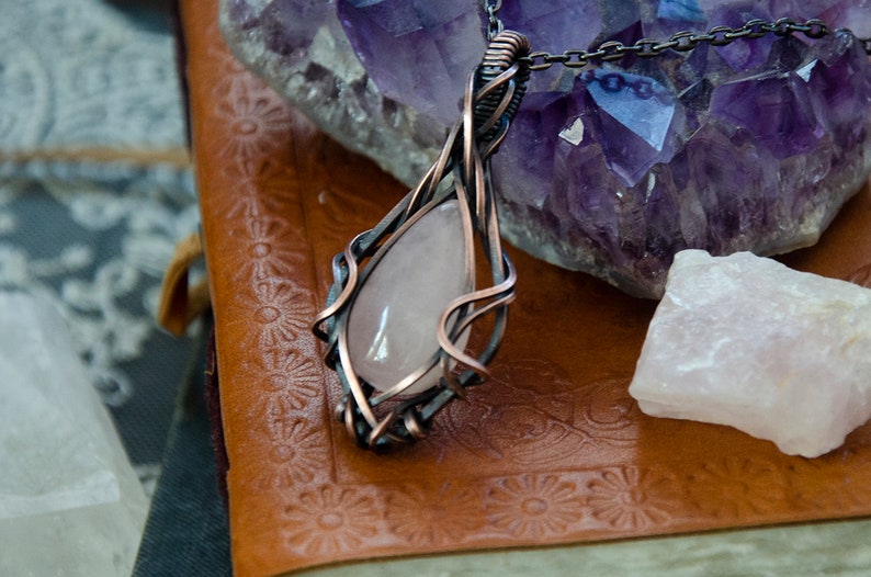 Light Pink Teardrop Rose Quartz Stone Wire Wrap Pendant Necklace Antiqued Copper image 2