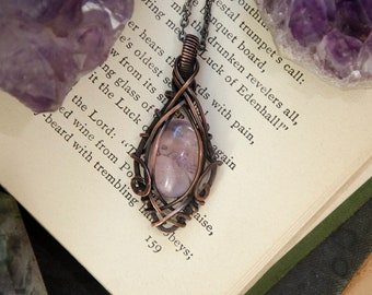 Light Purple Amethyst Stone Wire Wrap Pendant Necklace | Antiqued Copper